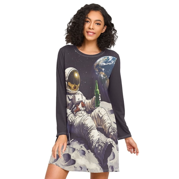 FORMRS Womens Long Sleeve Nightgowns Crew Neck Sleep Shirt Soft Pajamas Sizes S-3XL, Beige Astronaut