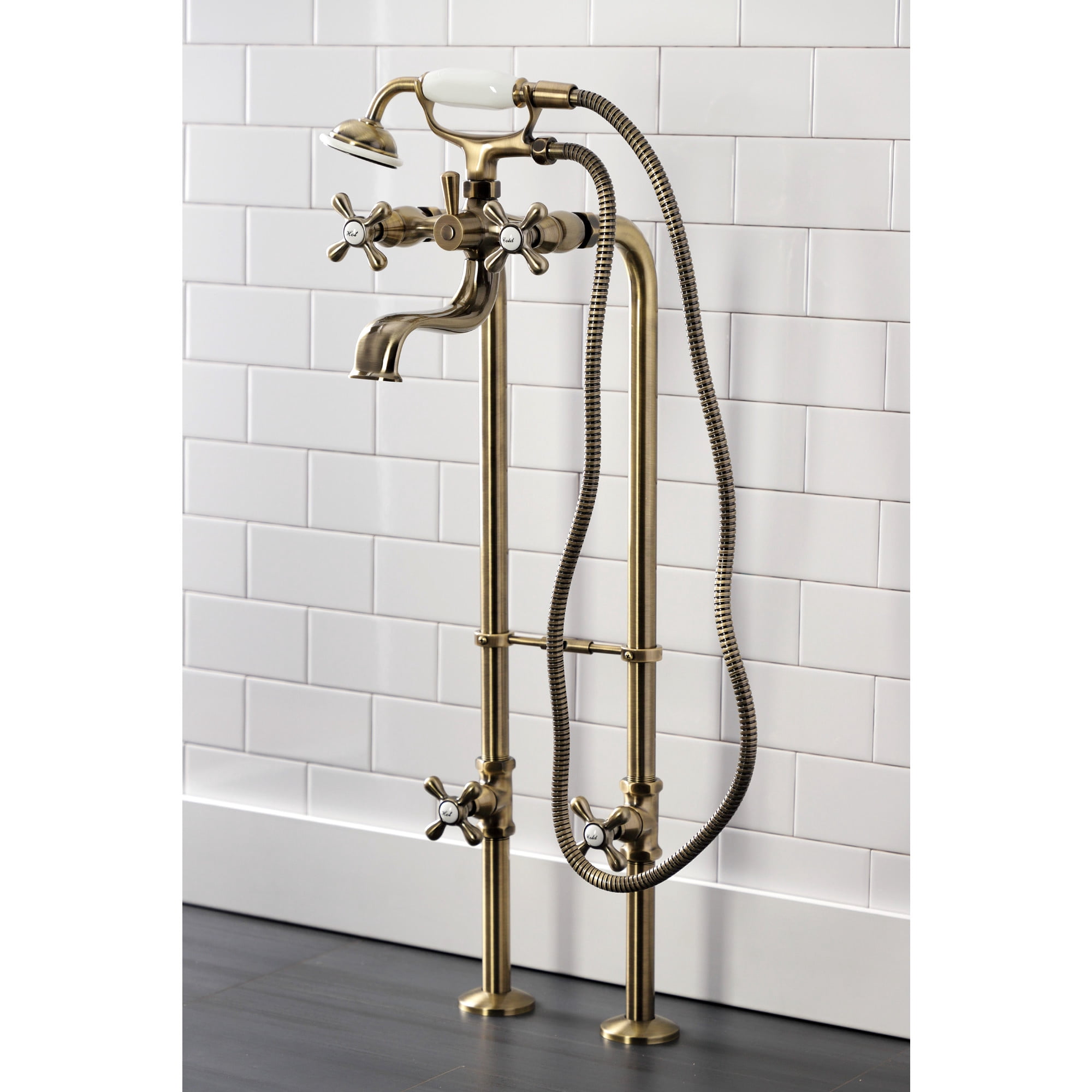 Kingston Brass CCK226K3 Kingston Freestanding Clawfoot Tub Faucet Package with Supply Line, Antique Brass