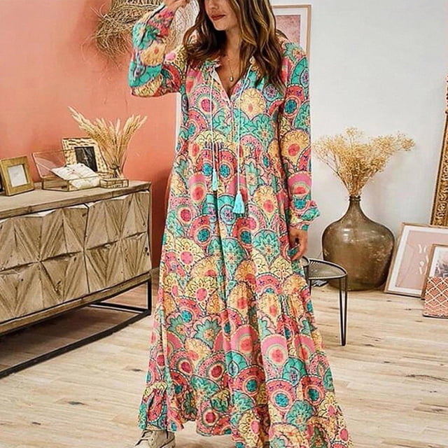 Robe Décontractée Mode Femme Manches Longues Col en V Imprimée Robe Longue Ample