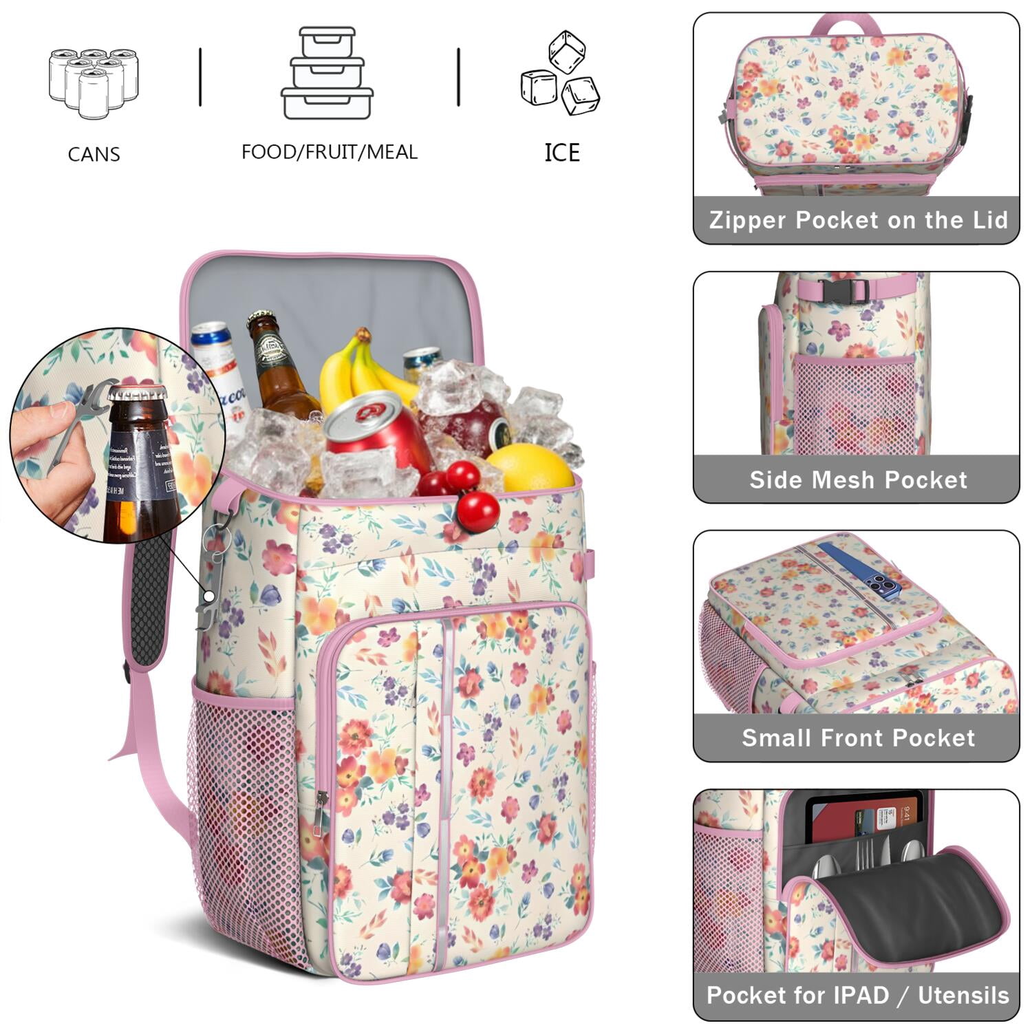 Travel Cooler Bag - Pioneer Flower Floral Print Pattern Camping Beer Cooler Backpack with Bottle Opener- Waterproof Insulated Picnic Backpacks - Cooler Bag for Beach