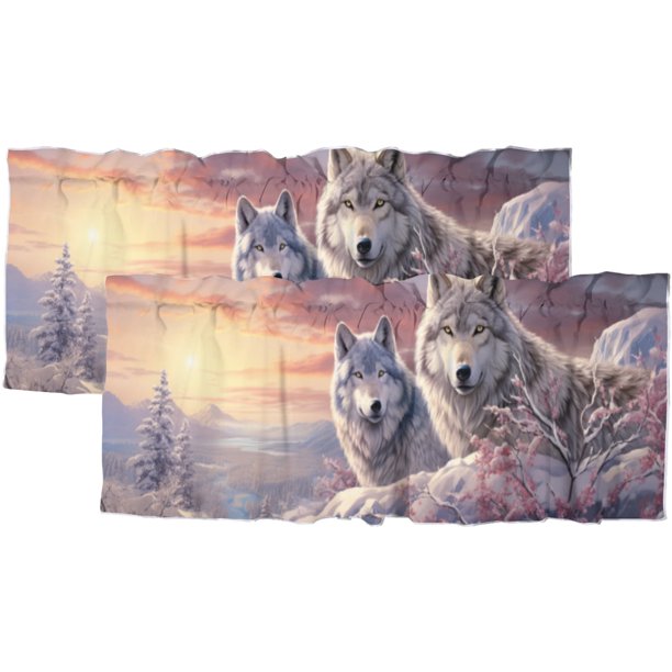 Cortinas con diseño de lobo para ventanas de cocina, escena invernal, bosque nevado rústico, pino, paisaje natural, privacidad, decorativas, con bolsillo para varilla, cortinas cortas para ventana,