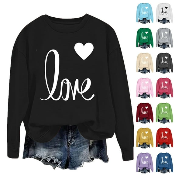 Busydd Women's Sweatshirts Trendy Love Heart Print Womens Tops Loose Comfy Crewneck Women's Long Sleeve Tops S