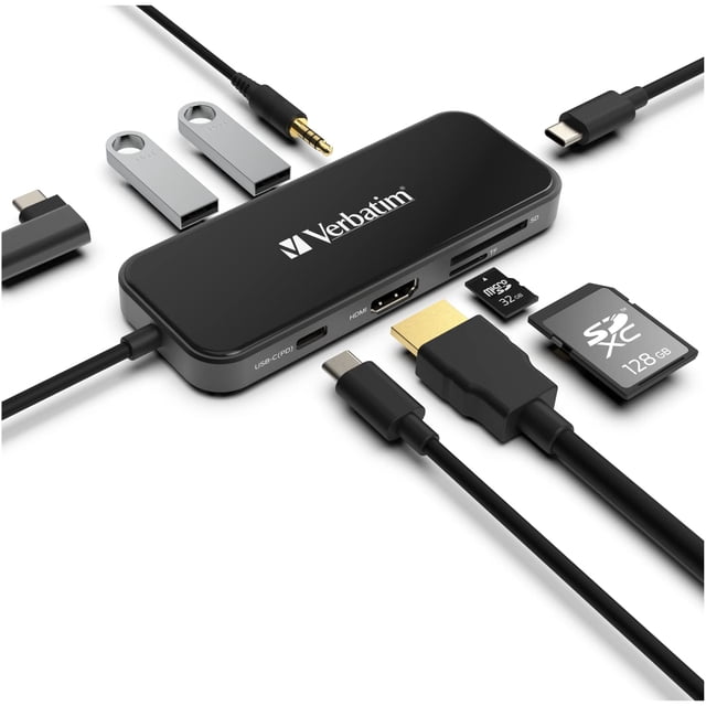 Hub USB-C Verbatim 8 en 1, 100 W PD, HDMI, lector de tarjetas SD