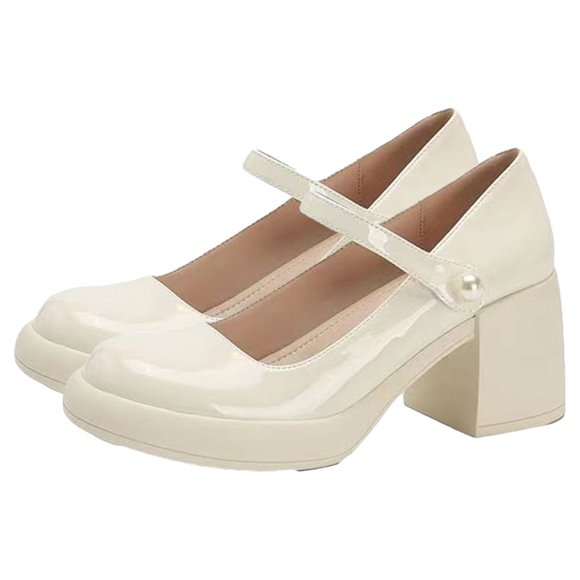 Ladys Mary Jane High-Heeled Shoes Solid Color Pearl Platform Round Toe Chunky Heel Elegant Ankle Strap Patent Pumps Shoes Heel High 6CM White