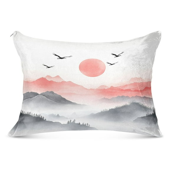 Mountains Mist Sun Birds Plush Pillow Cases Standard Size Ultra Soft Warm Pillowcases with Zipper 20"x26"
