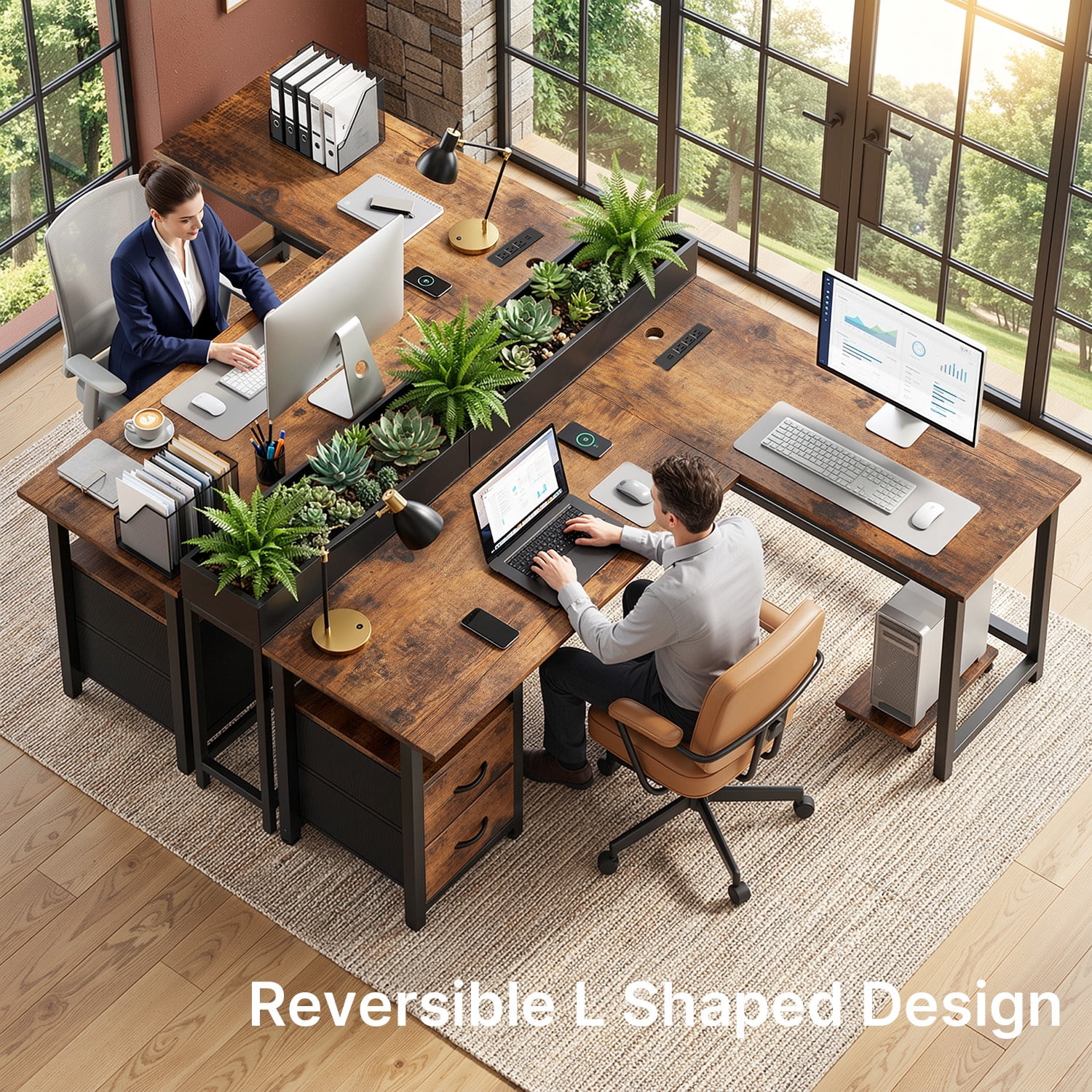 Asofer 66” L Shaped Desk with Drawers, Reversible Corner Computer Gaming Desk with Power Outlet, Rustic Brown