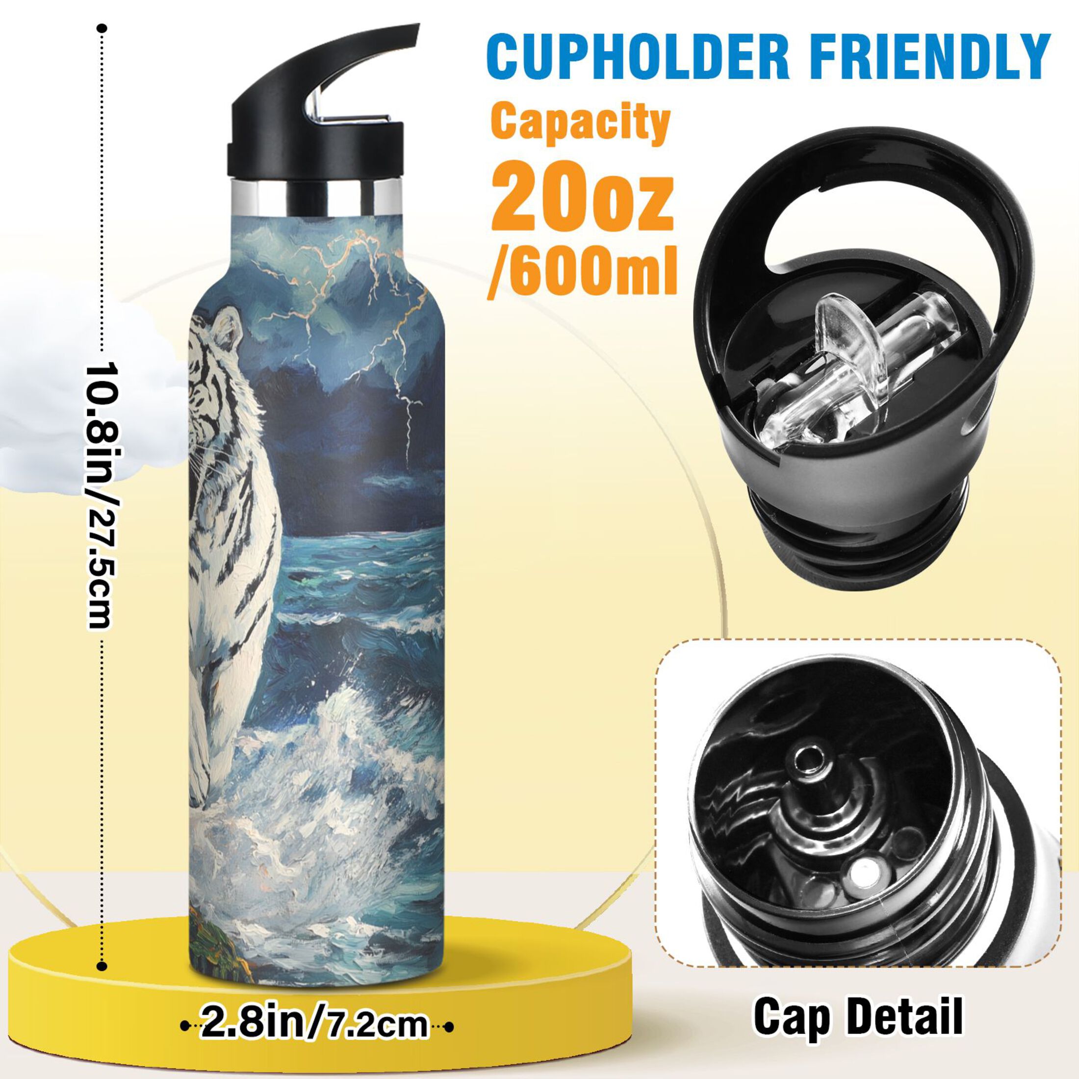 600ML Stainless Steel Insulated Cup Sports Water Bottle Portable Thermos Cup Water Glasses Insulated Tumblers Convenient and Durable The Sea and The White Tiger