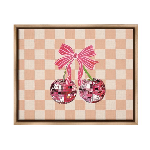 Stupell Industries Checkered Cherry Fruits Food & Beverage Painting Brown Floater Framed Canvas Art Print Wall Art, 31 x 25