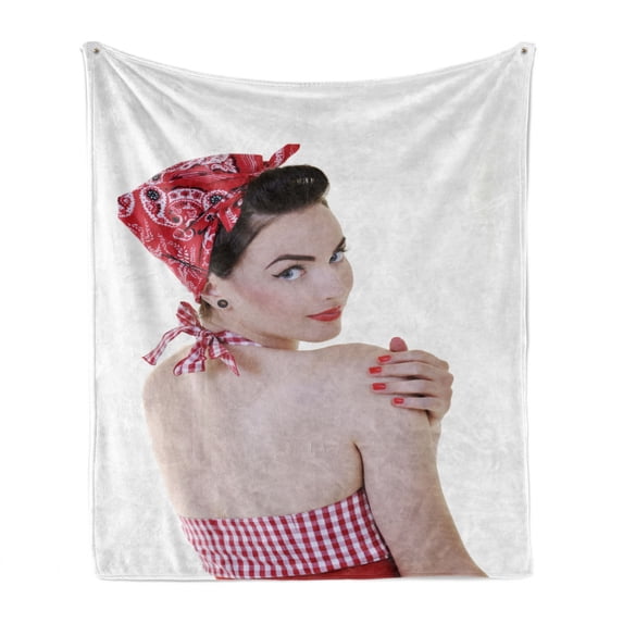 Pin up Girl Soft Flannel Fleece Throw Blanket, Young Lady Wearing Gingham Patterned Halter-Neck Bikini Topnd Bandana, Cozy Plush for Indoor and Outdoor Use, 50" x 70", Multicolor, by Ambesonne