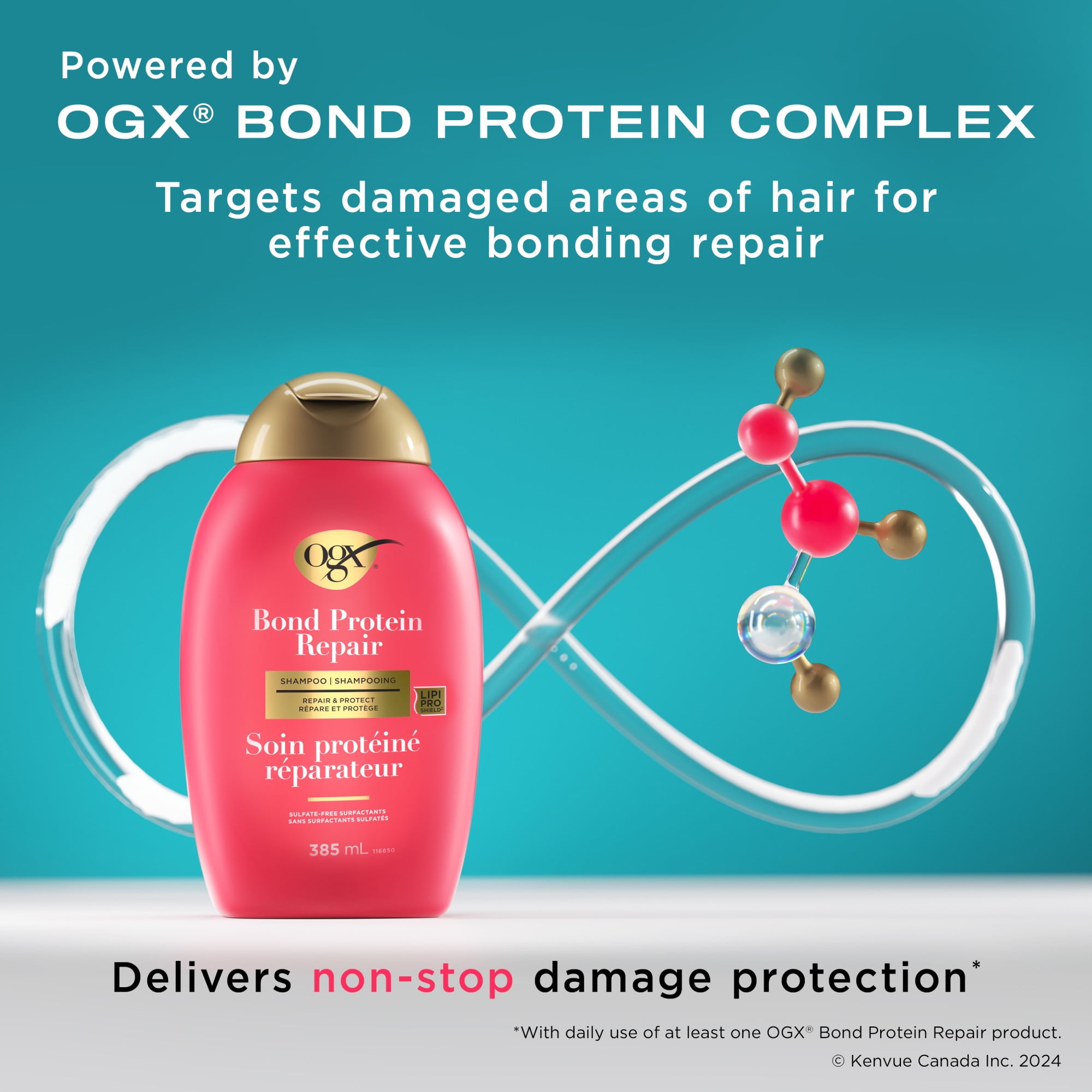 OGX® Repair & Protect Bond Protein Repair Shampoo, Lightweight Hair Wash Cleanses & Targets Damaged Areas of Hair for Effective Bond Repair, Sulfate-Free Surfactants, 385 mL