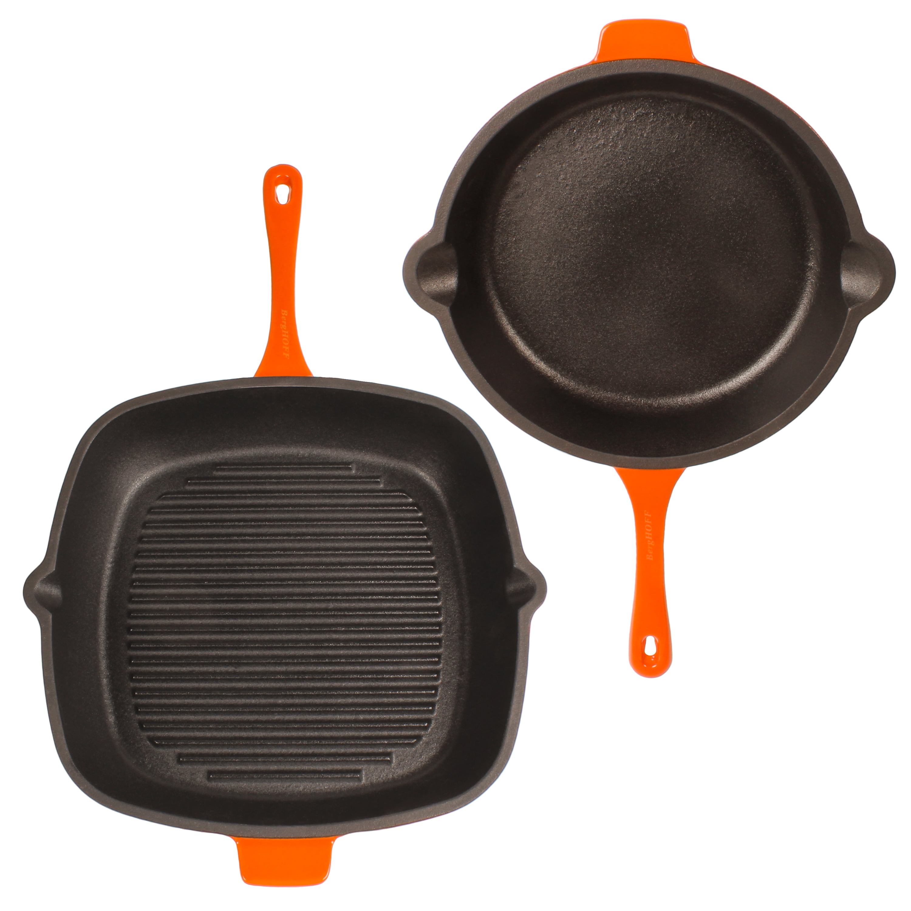 BergHOFF Neo 2pc Cast Iron 10" Fry Pan & 11" Grill Pan Cookware Set, Orange