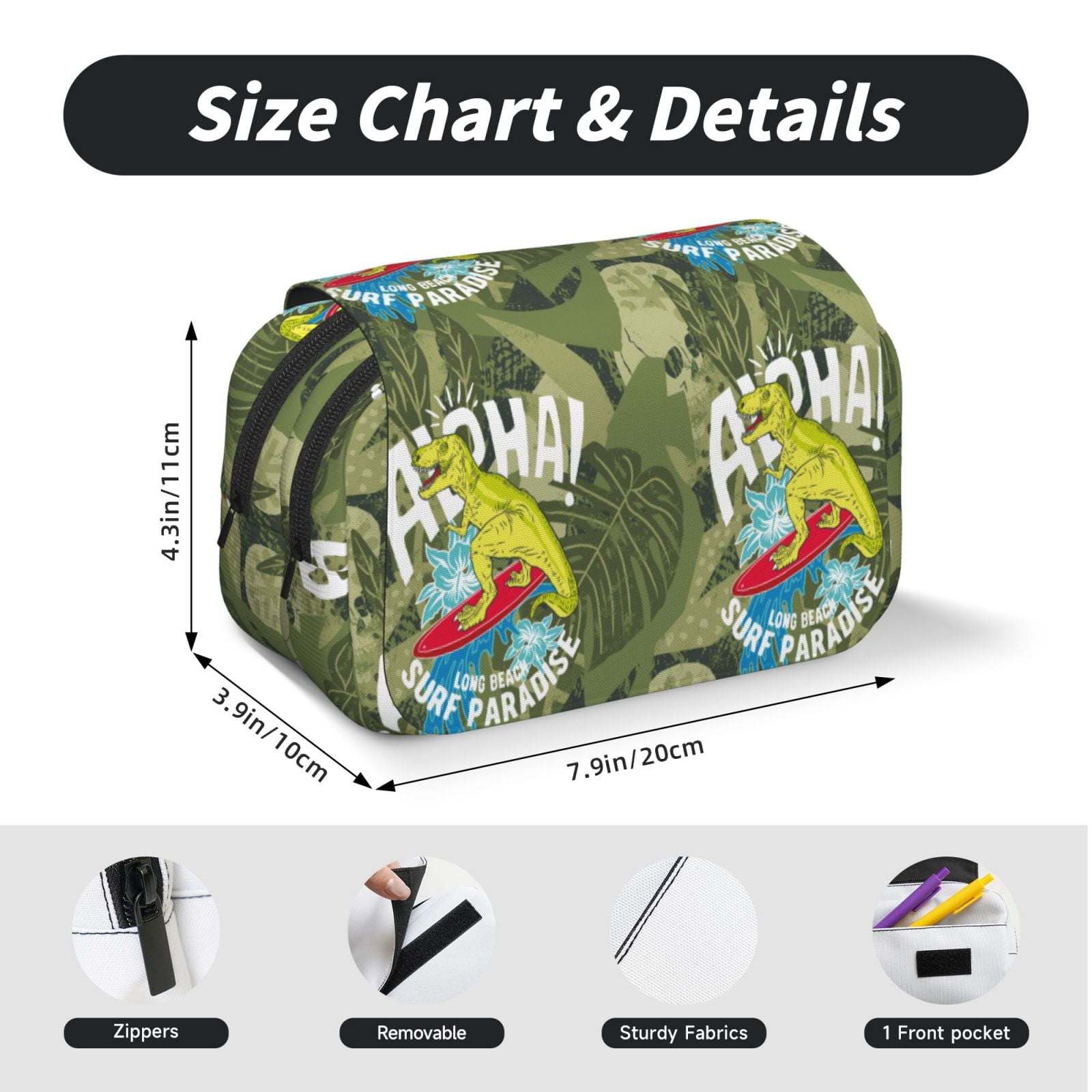 Rateoe Surfing Dinosaur Pattern Double Clamshell Pen Case, Storage Organizer with Two Zipper Compartments– Holds Up to 50 Pencils & Pens