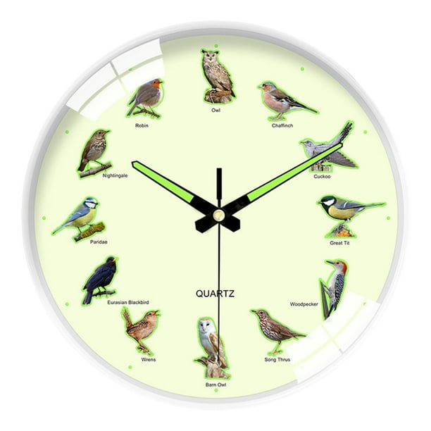 Reloj de pared fluorescente de 30 cm con motivo de pájaro, silencioso (sin tictac), ideal para el salón. Moderno. Blanco