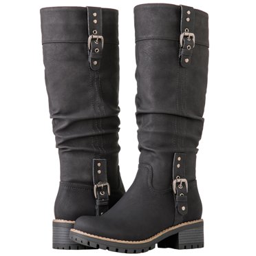 GLOBALWIN Women's Chunky Heel Black Knee High Riding Boots 7M