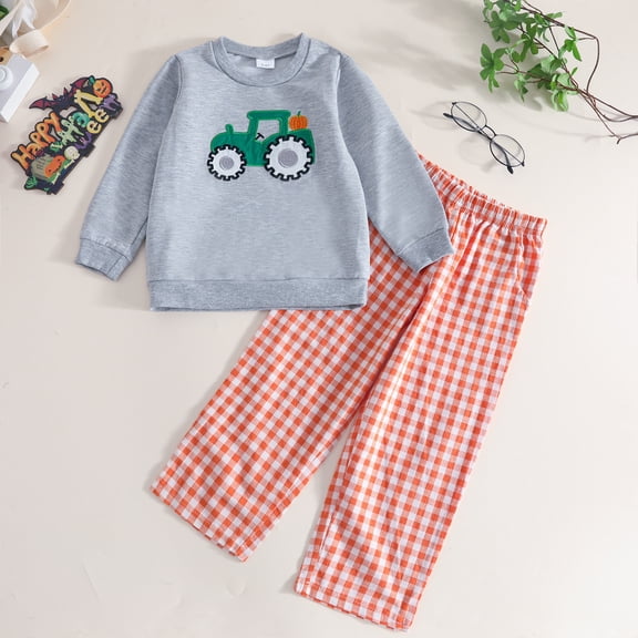 Little Boys Clothes 2-Piece Long Sleeved Car Embroidered Hoodie Plaid Long Pants Halloween Outfits Sets Size 5-6T ,Gray