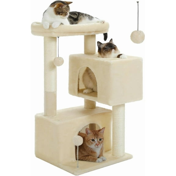 32" Cat Tree Tower for Indoor Cats - 2 Cozy Condos, Multi-Level Cat Scratching Posts with Sisal, Soft Padded Perch, 2 Dangling Toys, Beige