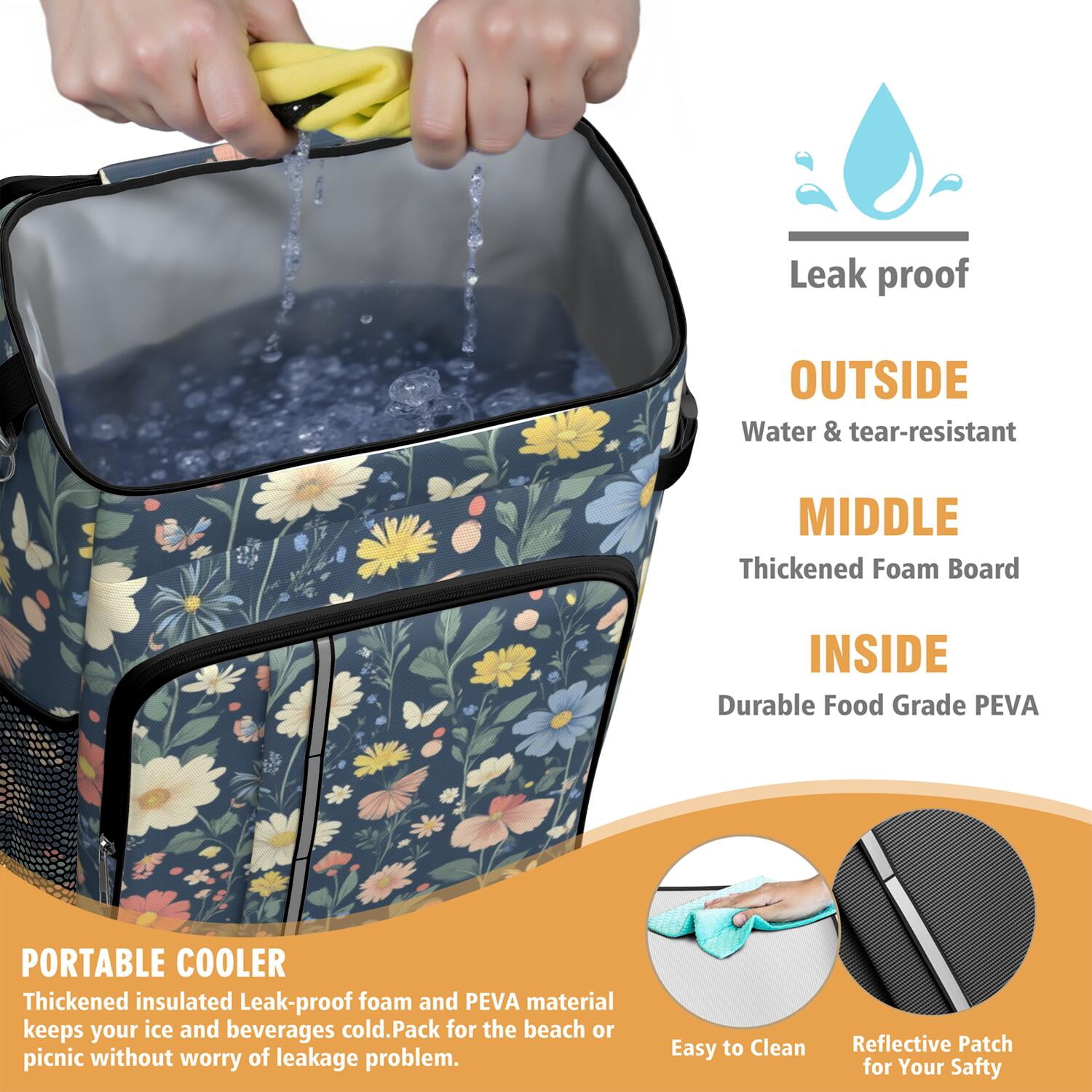 Travel Cooler Bag - Pioneer Flower Floral Print Pattern Camping Beer Cooler Backpack with Bottle Opener- Waterproof Insulated Picnic Backpacks - Cooler Bag for Beach
