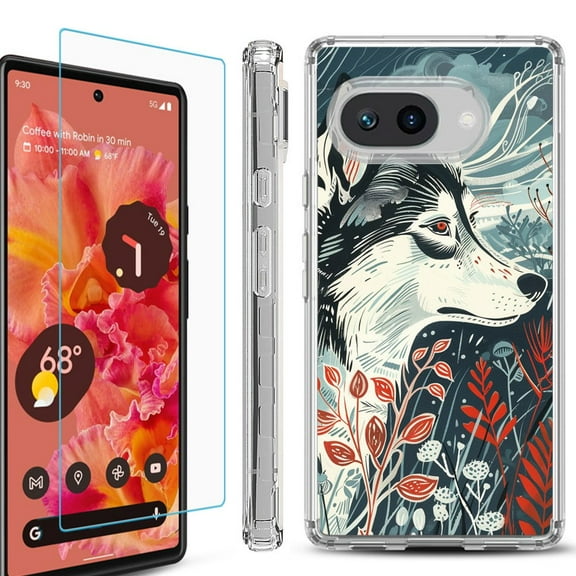 For Google Pixel 9a Phone Case Cover, Shockproof Bumper Case with Tempered Glass Screen Protector, by OneToughShield - Calm Husky