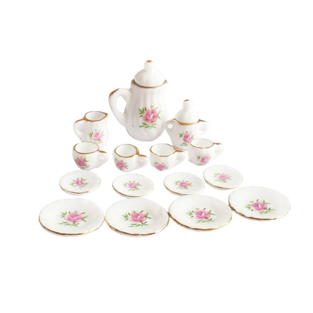 Mini House Tableware Set Accessory Miniature Teapot Model Kitchen Adornment 1/12 Scale Ceramic Scene Layout Dinnerware Kit Rose
