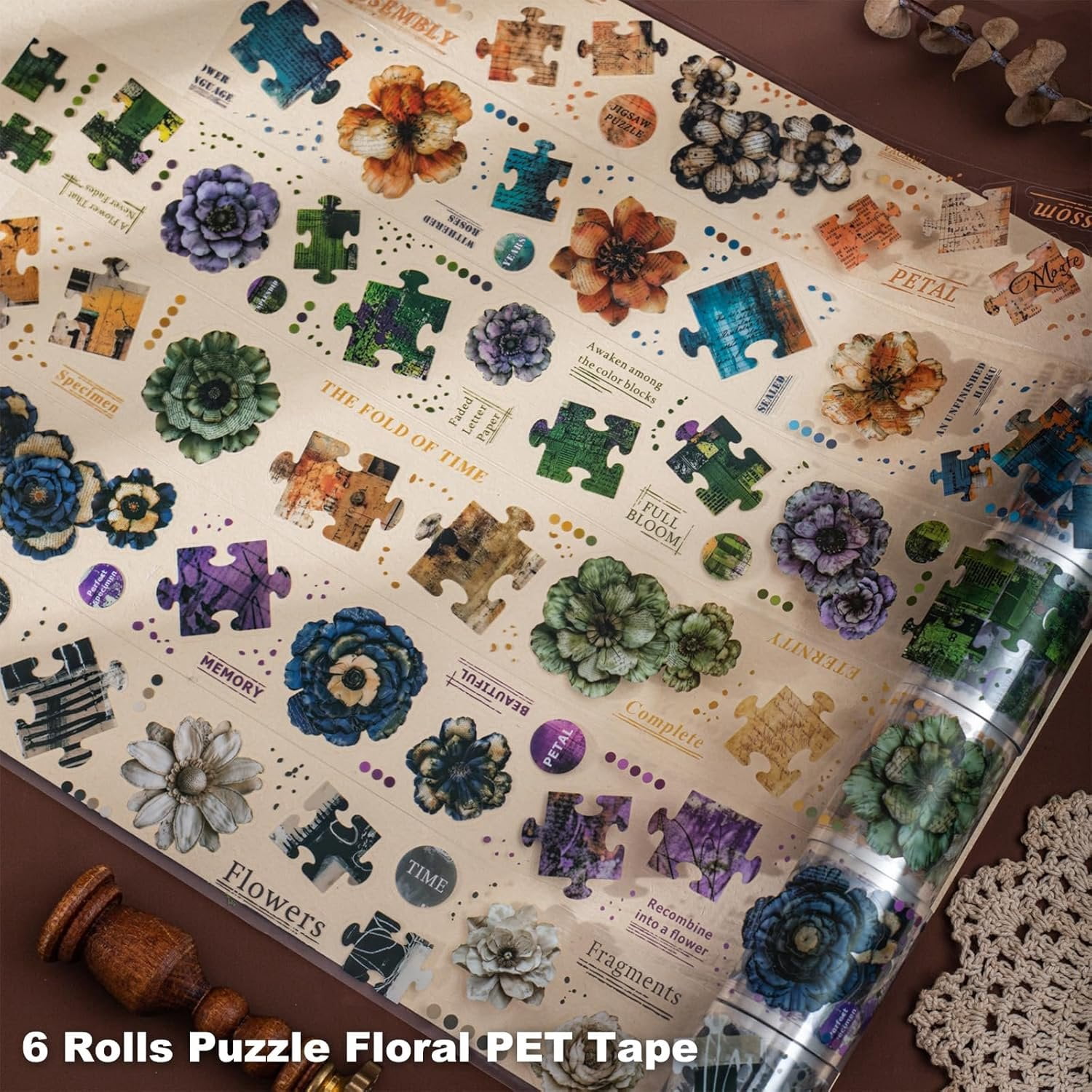 6-Roll Puzzle  Floral PET Tape Set - Pre-Cut Transparent  Collage Flower Stickers for Scrapbooks Journals Planners Cards & DIY Craft Decoration