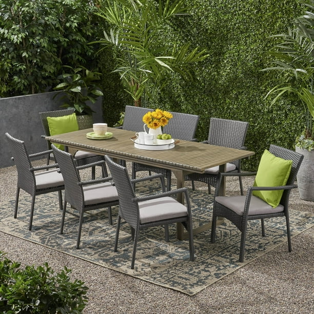 Julianna Outdoor 8 Seater Expandable Wood and Wicker Dining Set, Gray ...