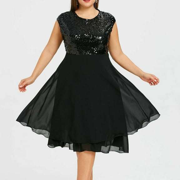 UTTOASFAY Women Plus Size Dress Fashion Women Plus Size O-Neck Solid Sleeveless Zipper Chiffon Sequined Dress Black 16(XXL)
