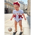 thumbnail image 3 of Miaouyo Baby Girls Summer Striped Romper Short Sleeve Round Neck Baseball Embroidery Bodysuit with Bow Headband, 3 of 9