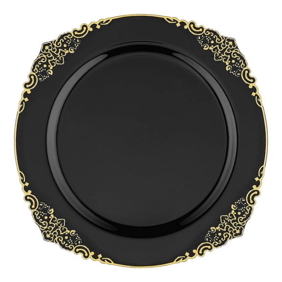Smarty 10.25” Black with Gold Fancy Round Disposable Plastic Dinner Plates 120ct
