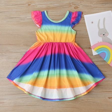 

SDJMa Toddler Kids Baby Girls Patchwork Rainbow Fly Sleeve Princess Dress Party Dress