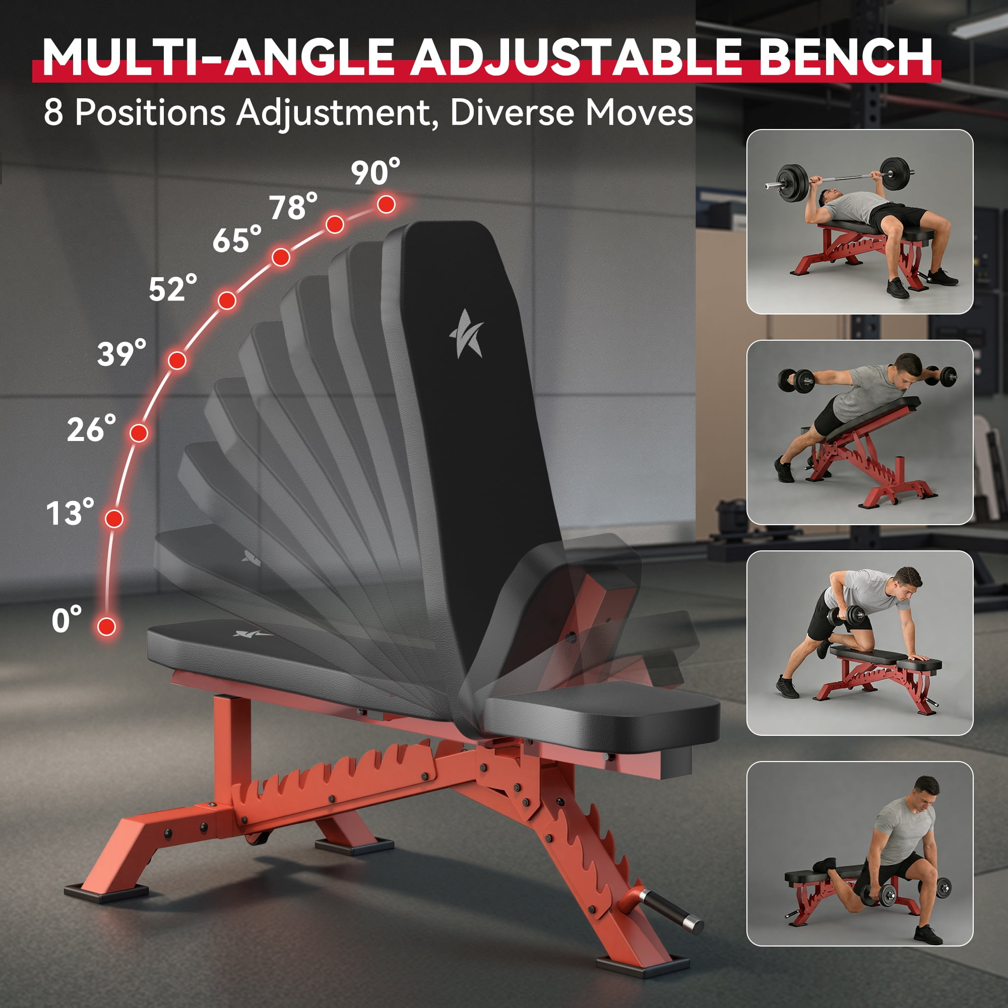 FASTES Adjustable Weight Bench 8 Positions Foldable Workout Bench Heavy-duty Weight Bench Press for Home Gym Full Body Strength Training, Max Weight 1400lbs, Red