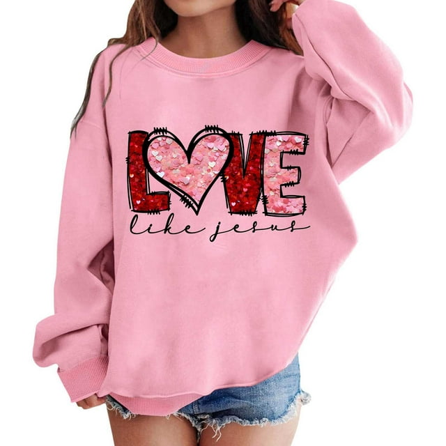 FAOWME Chandail en Molleton Graphique pour Filles Col Rond Manches Longues Mignon Épaule Tombante Chandail Rose 3-4 Ans
