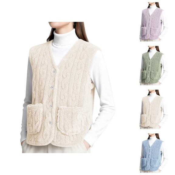 Winter Sweater Vest Women Sleeveless V Neck Button Down Casual Warm Fuzzy Cardigan Sweater with Pockets