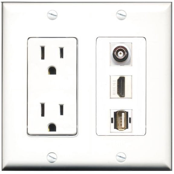RiteAV - 15 Amp Power Outlet 1 Port HDMI 1 Port USB A-A 1 Port BNC Decorative Wall Plate