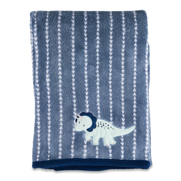 Parent's Choice Blue Appliqued Dinosaur Plush Baby Blanket, 30" x 40