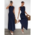 thumbnail image 6 of Navy Blue Pleated Sleeveless A-Line Maxi Dress For Women, Elegant Party Casual Dress, 6 of 8