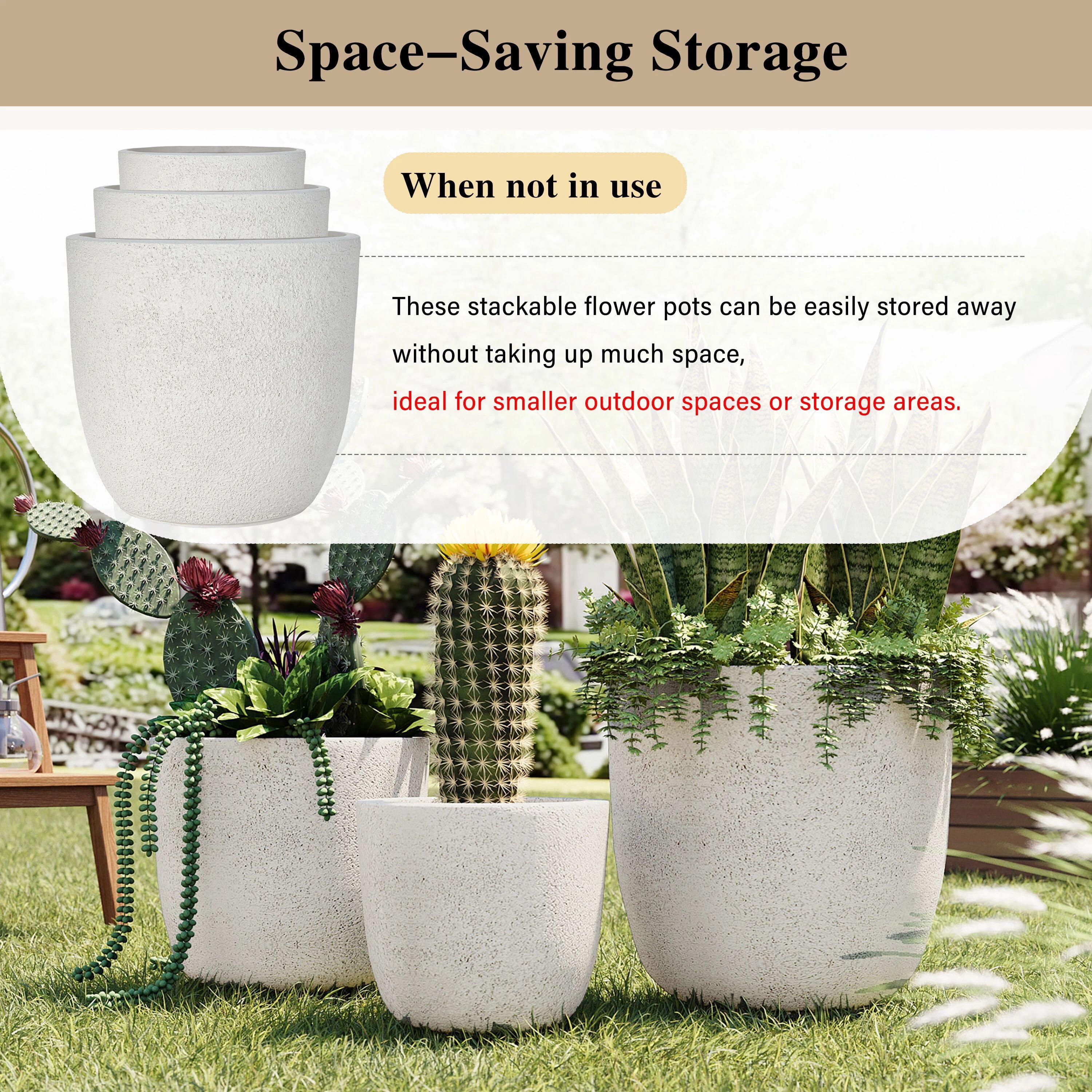 Euroco Lightweight Flower Pot Set of 3, 16.93"+13.98"+11.22" Dia Round Concrete Stackable Planter with Drainage Holes and Rubber Plug,Modern Decorative Pots for Indoor Outdoor,Patio Garden Balcony