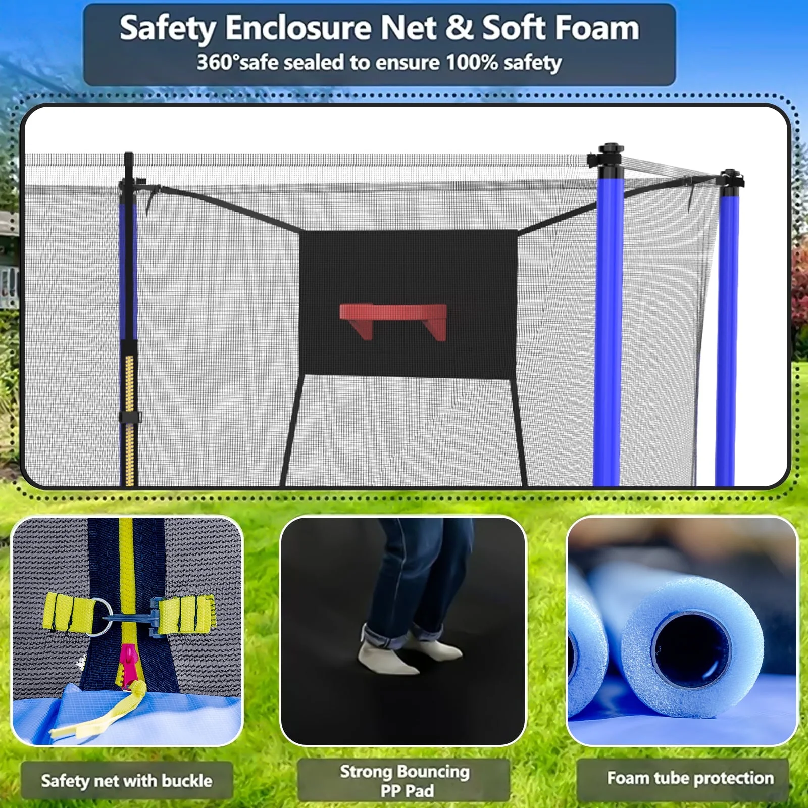 14FT Recreational Trampoline with Enclosure Net and Ladder, SEGMART Outdoor Trampoline with Basketball Hoop, Backyard Trampoline, Heavy Duty Round Trampoline for Kids and Adults