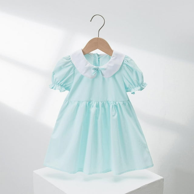 Économies d'Été! Robe d'Été pour Enfants, Robes Décontractées pour Filles en Liquidation, Robe à la Mode pour Enfants de Couleur Unie à Manches Courtes avec Col à Revers, Robe d'Été Décontractée à Col Rond