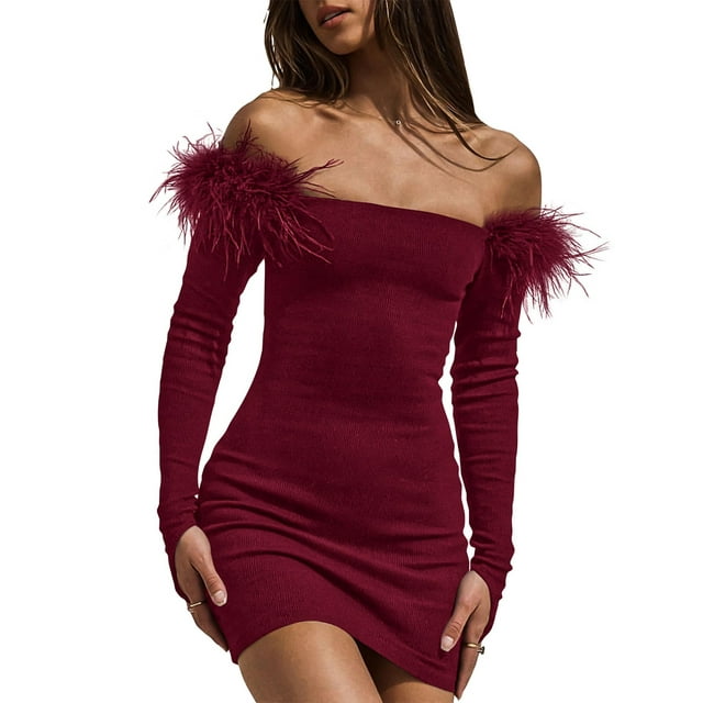 xiaxaixu Robe Moulante pour Femme, Robe à Manches Longues Épaules Dénudées, Mini-Robe Ajustée à Empiècements Duveteux