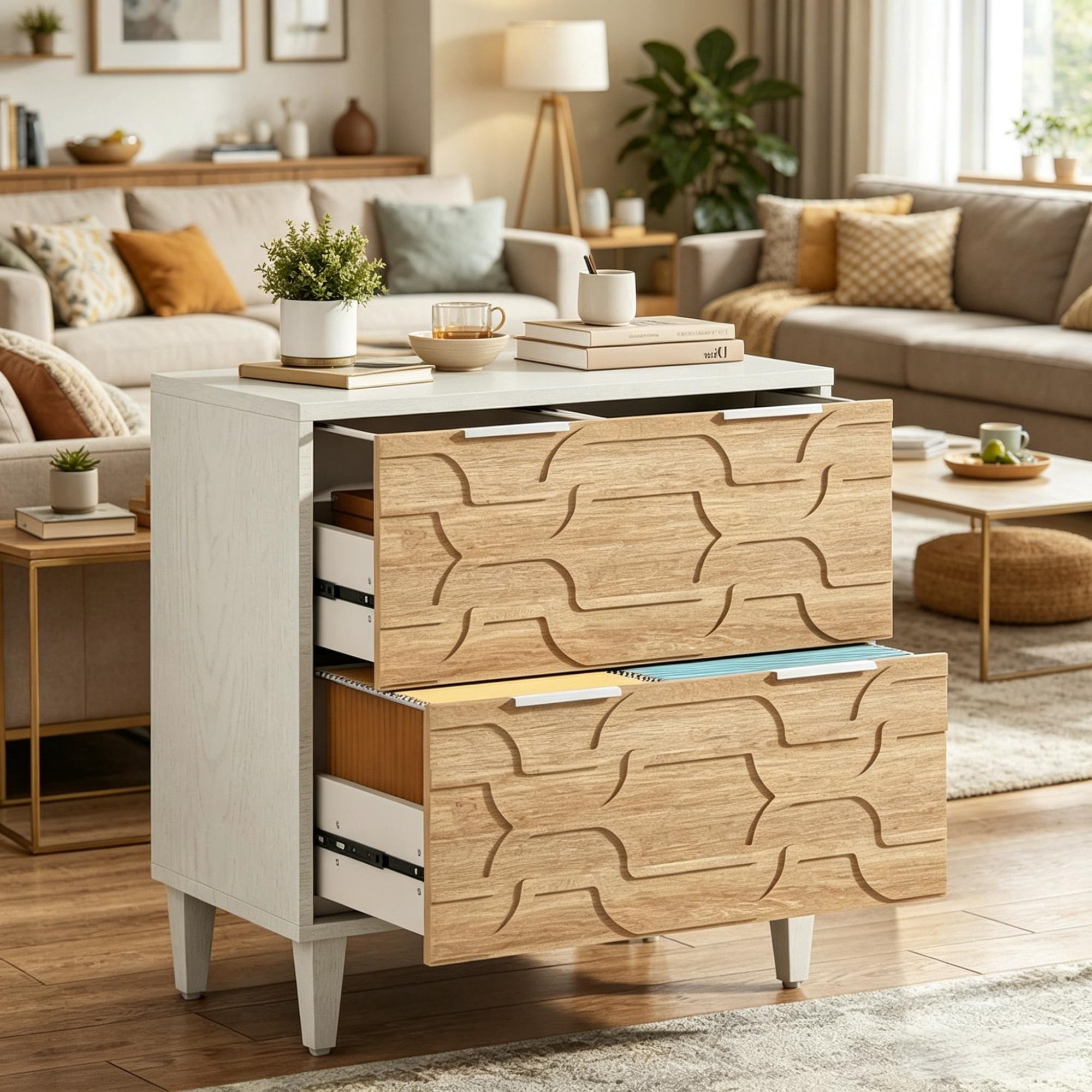 2-Drawer Filing Cabinet with Adjustable Rods and Solid Wood Legs