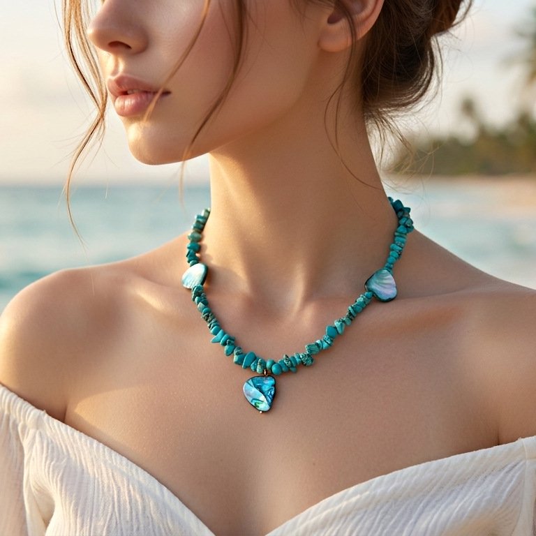 PISONIC Dopamine Color Natural Crushed Stone Beaded Necklace for Women, Niche Boho Shell Pendant Collarbone Chain, Beach Vacation Fashion Colorful Choker Jewelry