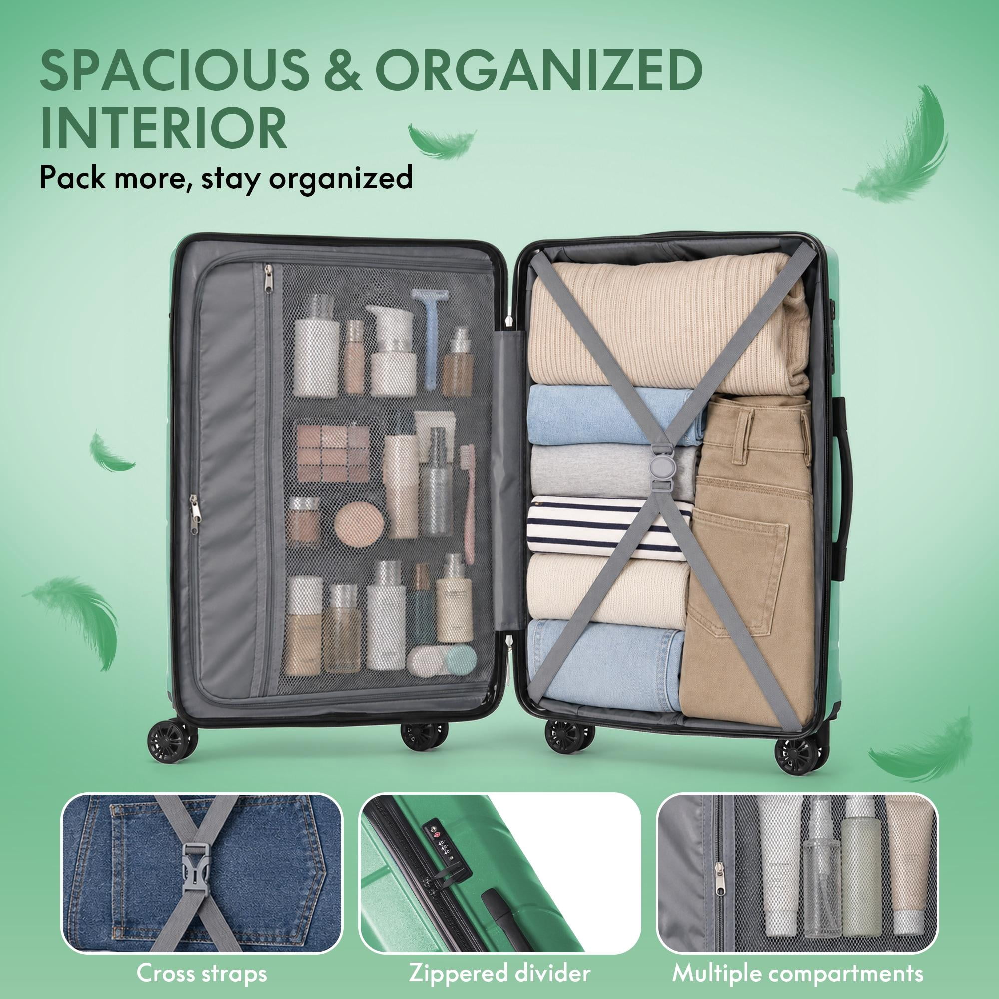 3-Piece PP Hardshell Luggage Set, Lightweight Scratch-Resistant Suitcases with Silent Spinner Wheels & TSA Lock, Jade Green