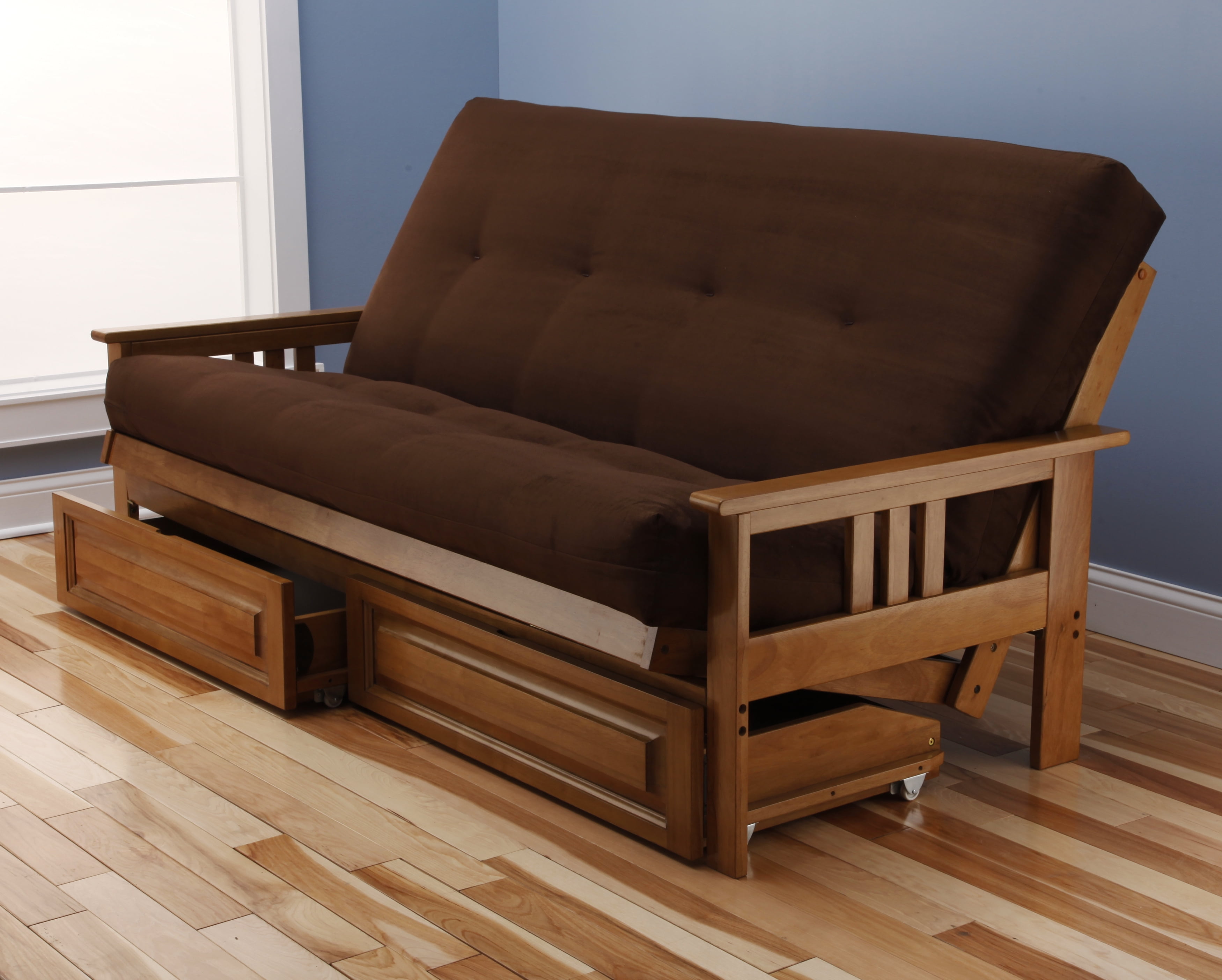 Andover Futon Frame and Drawer Set in Light Honey Oak Wood, Suede