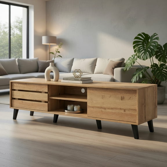 Spaco Mid-Century Modern TV Stand, 80" TV Compatible, Sliding Door Cabinets & Open Storage Shelves, Oak (Brown)