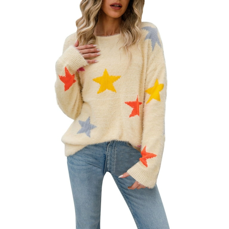 Entyinea Womens Sweaters O-Neck Lantern Sleeve Knit Sweater Casual Solid  Color Tops Beige XL
