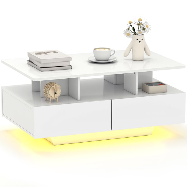 HOMCOM Modern Coffee Table with LED Lights Center Table High Gloss White