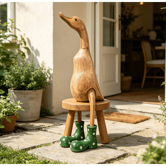 Polka Dot Boots Duck Sculpture - Handcrafted Solid Wood Home Decor Figurine, Whimsical High Heels Duck Ornament, Unique Gift for Cozy Classic Style