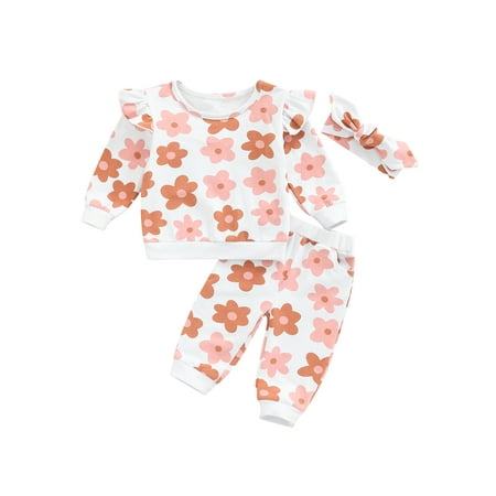 

Bagilaanoe 3Pcs Toddler Baby Girl Long Pants Set Floral Print Long Sleeve Sweatshirt Pullover Tops + Trousers + Headband 3M 6M 12M 18M 24M 3T Fall Casual Sweatsuit