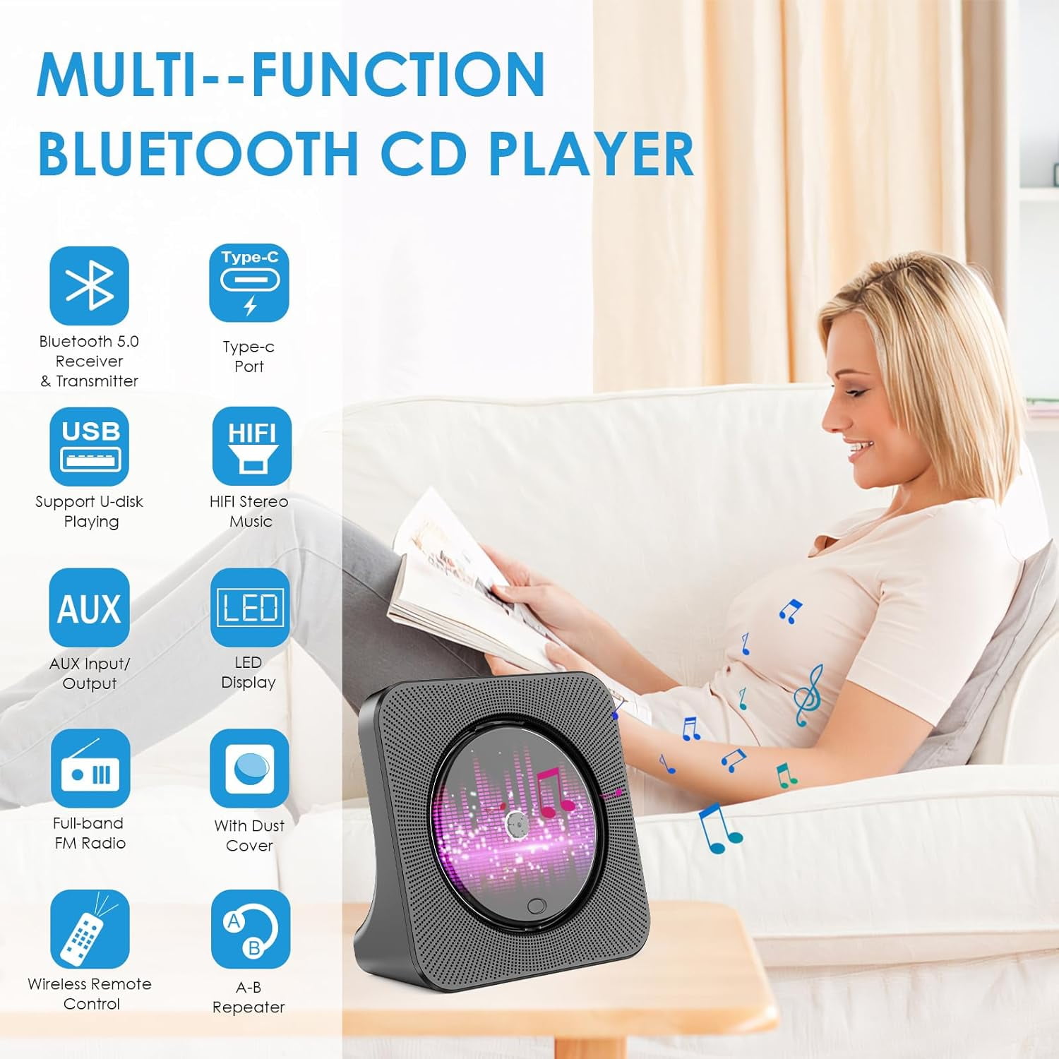 Gueray CD Players for Home, Portable CD Player with Bluetooth Hi-Fi Stereo Sound, Remote Control, Support AUX/USB, Headphone Jack, Fm Radio Black