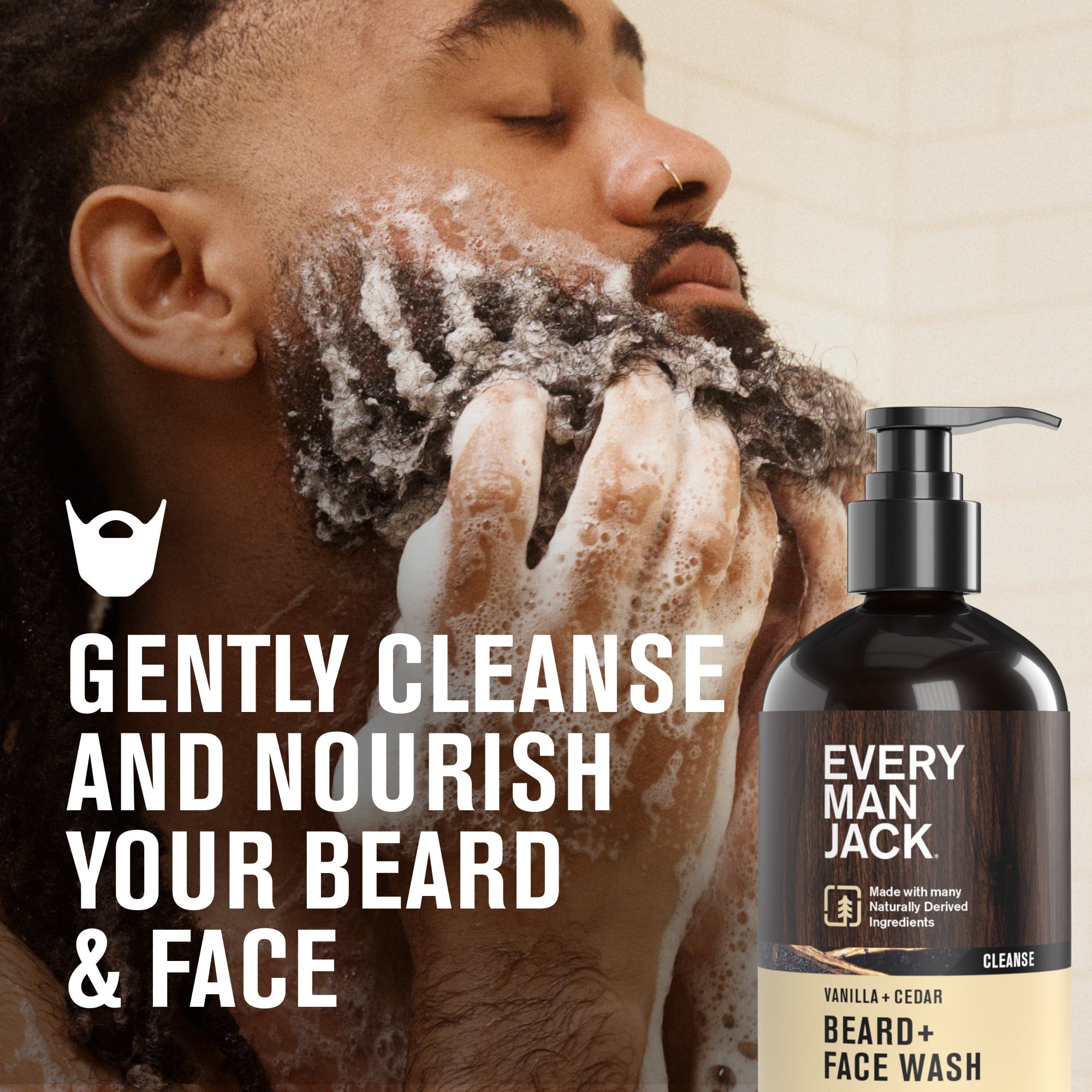 Every Man Jack Beard + Face Wash - Vanilla & Cedar Fragrance - Cleans & Softens Your Beard and Skin - Naturally Derived w/ Aloe and Glycerin- 6.7 fl oz